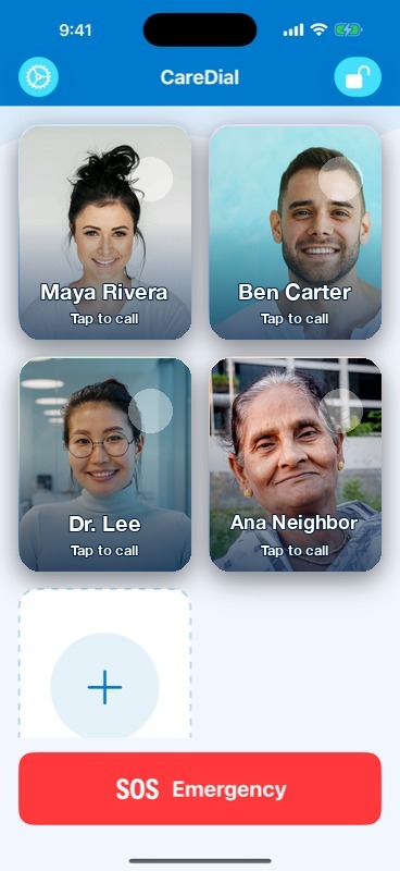 CareDial home screen with large photo contacts and SOS