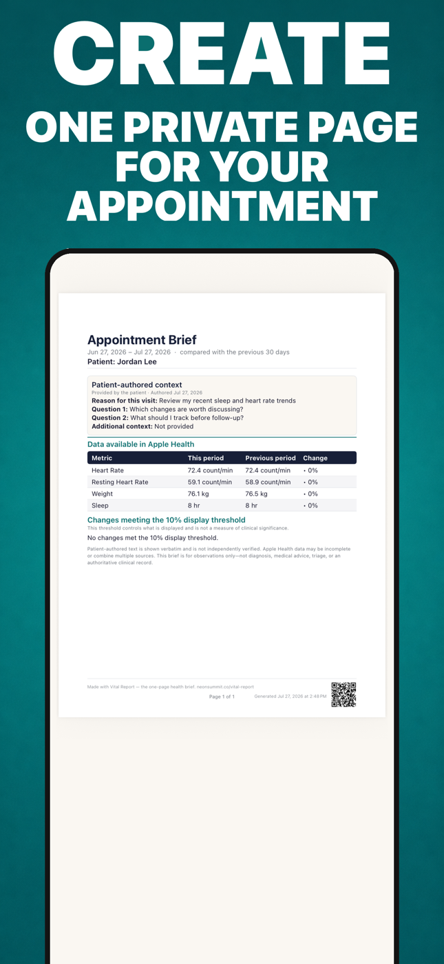 Vital Report one-page Appointment Brief with patient-authored context separated from Apple Health trends